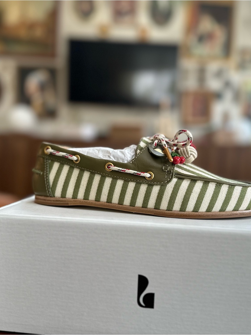 Larroude Olive Green and Cream Striped Boat Shoe